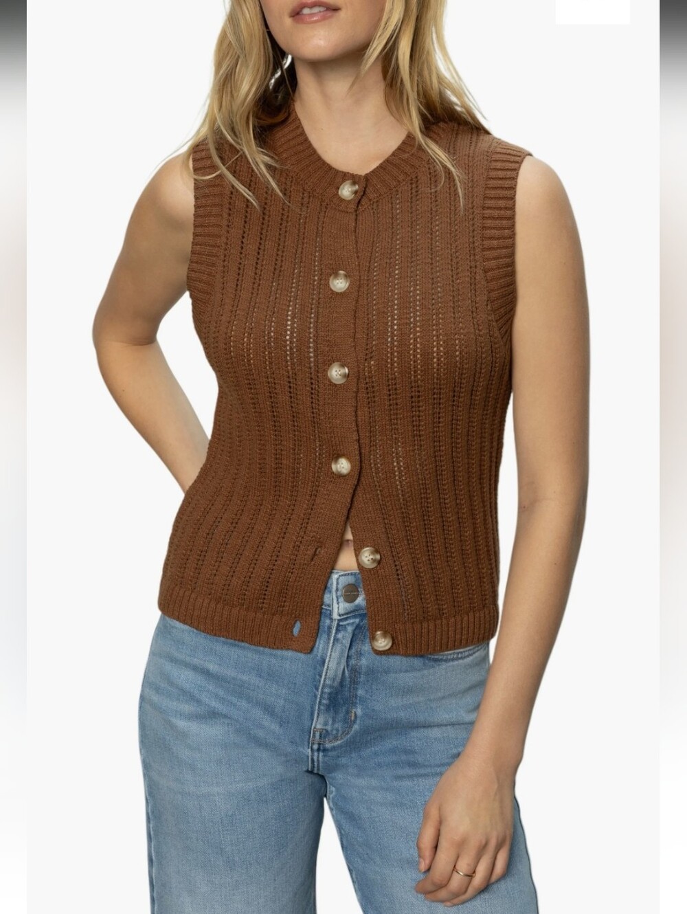 Sanctuary Pointelle Shell Sweater Vest Women’s Medium Brown 100% Cotton